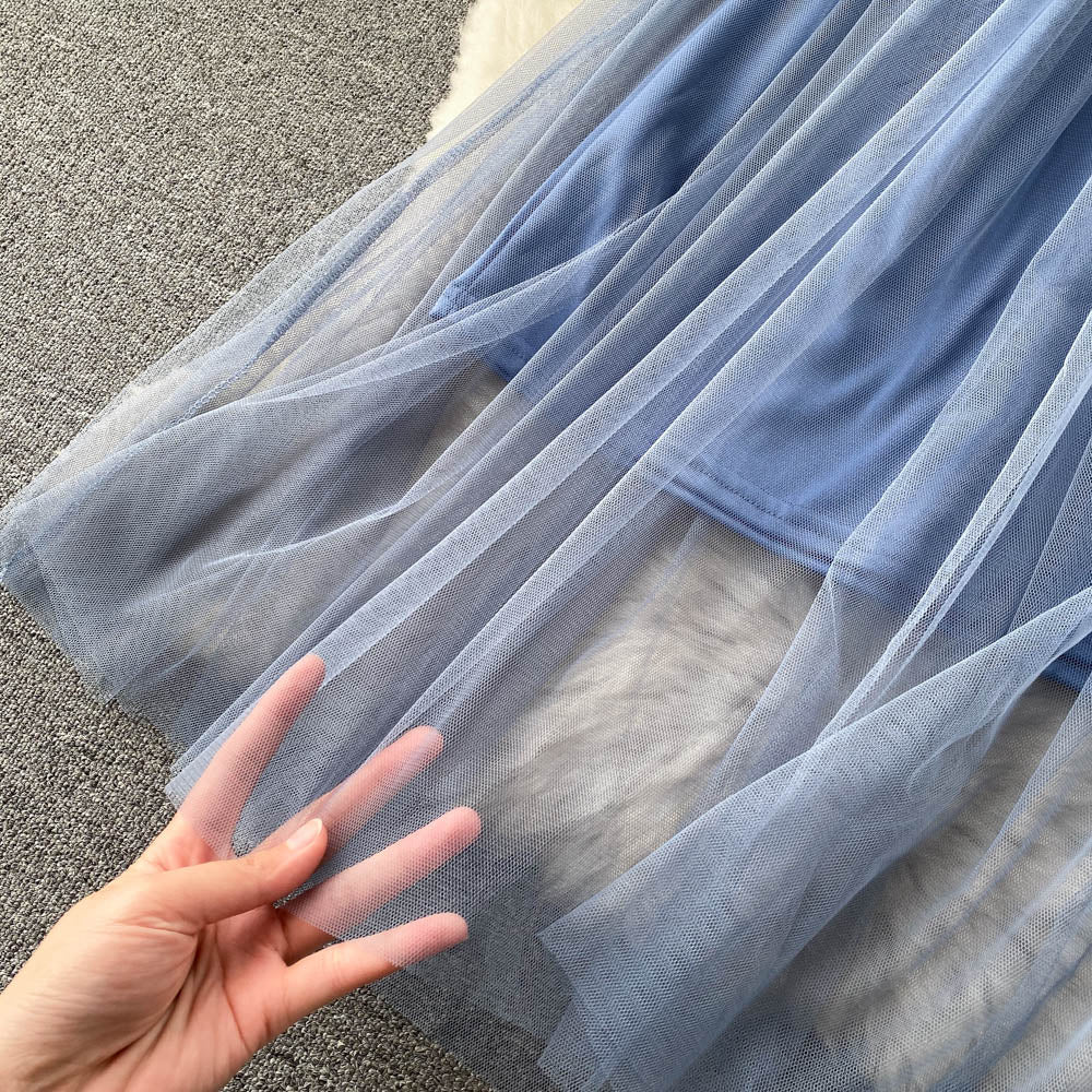 Embroidered Mesh Sleeve Sling Two-Piece Dress