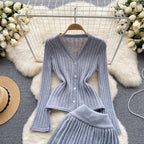 V-neck Cardigan&Pleated Skirt Knitted 2Pcs