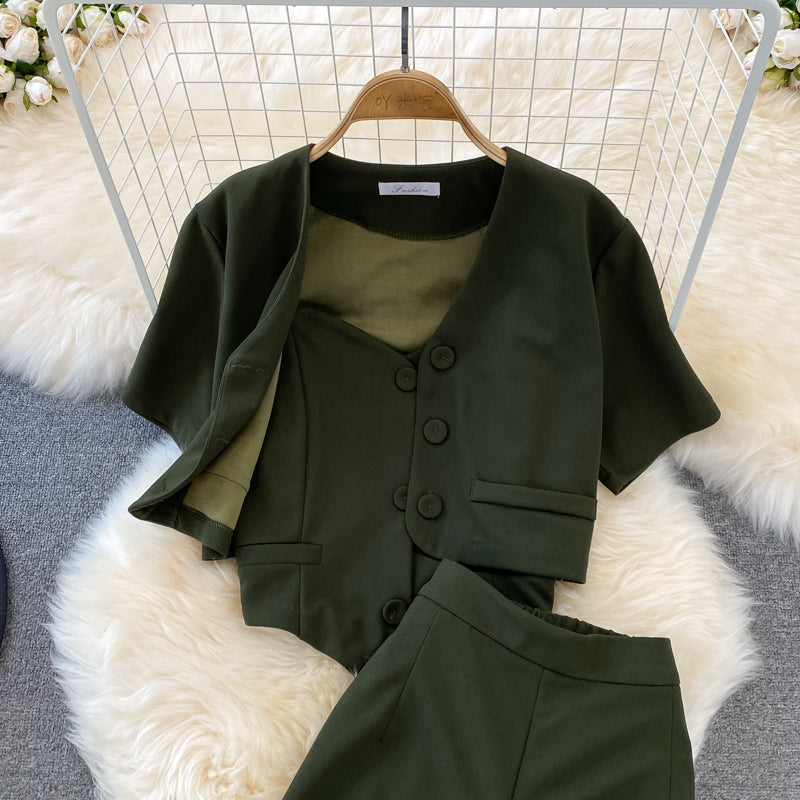 Camisole Short V-Neck Shirt Jacket Long Pants Three Piece