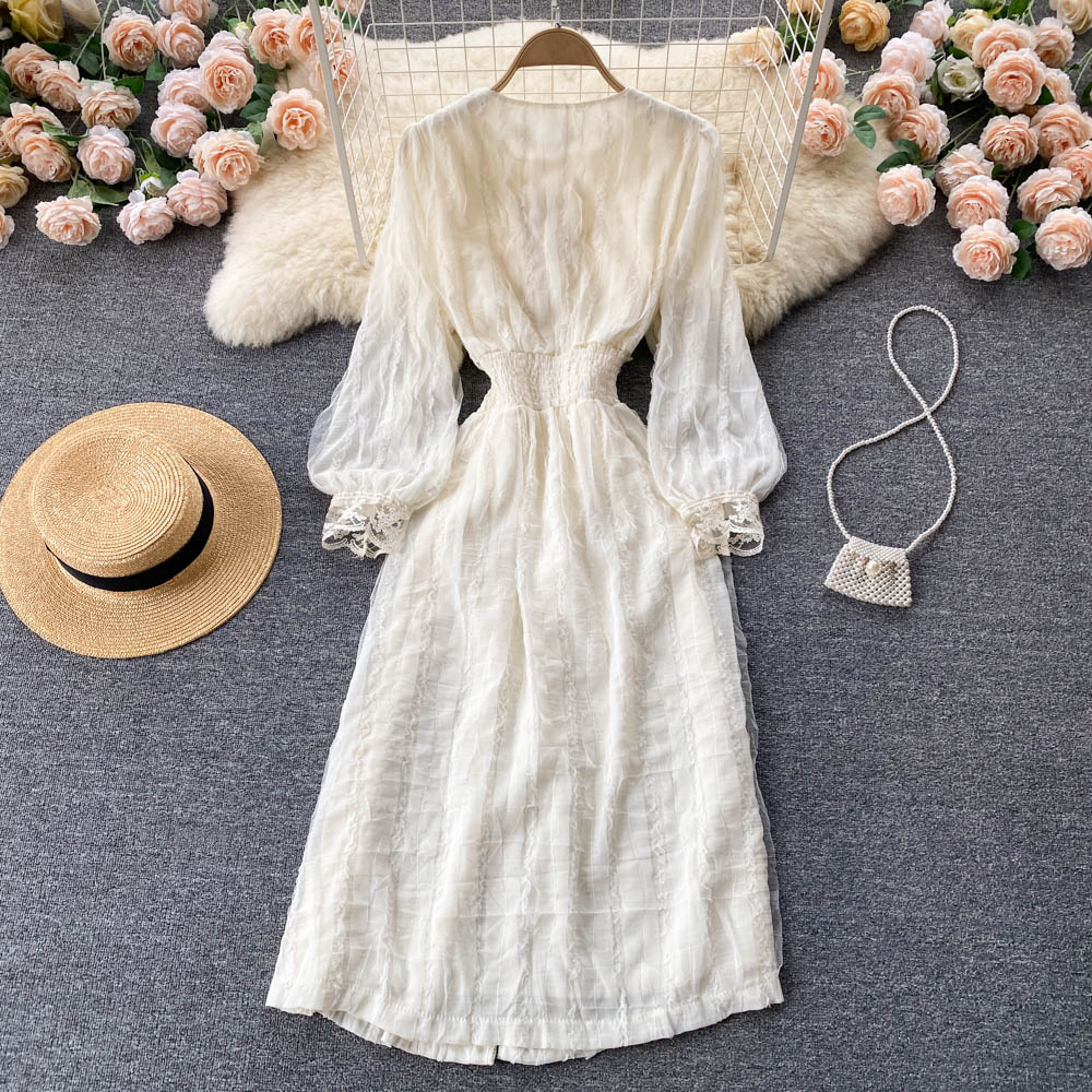 V-neck Single-breasted Long-sleeved Shirt Dress