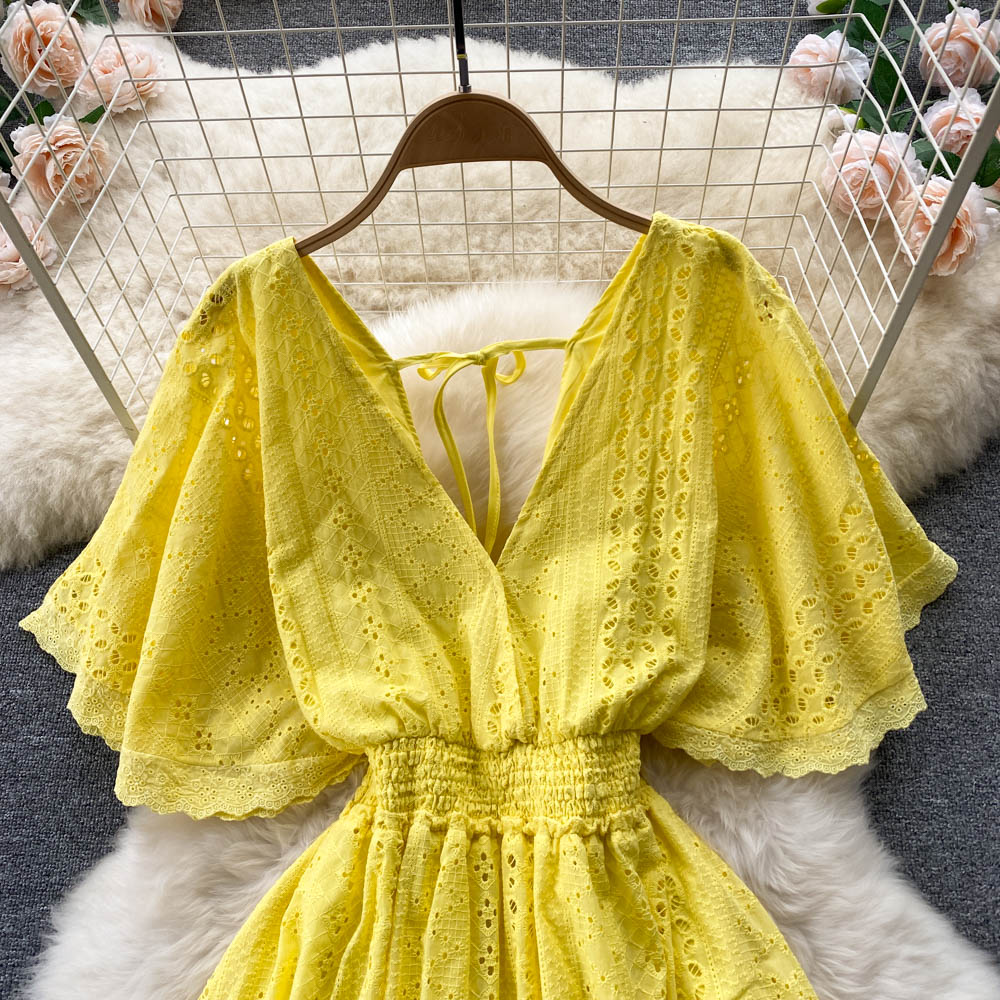 Cut-out Hollowed Puff Sleeve Dress