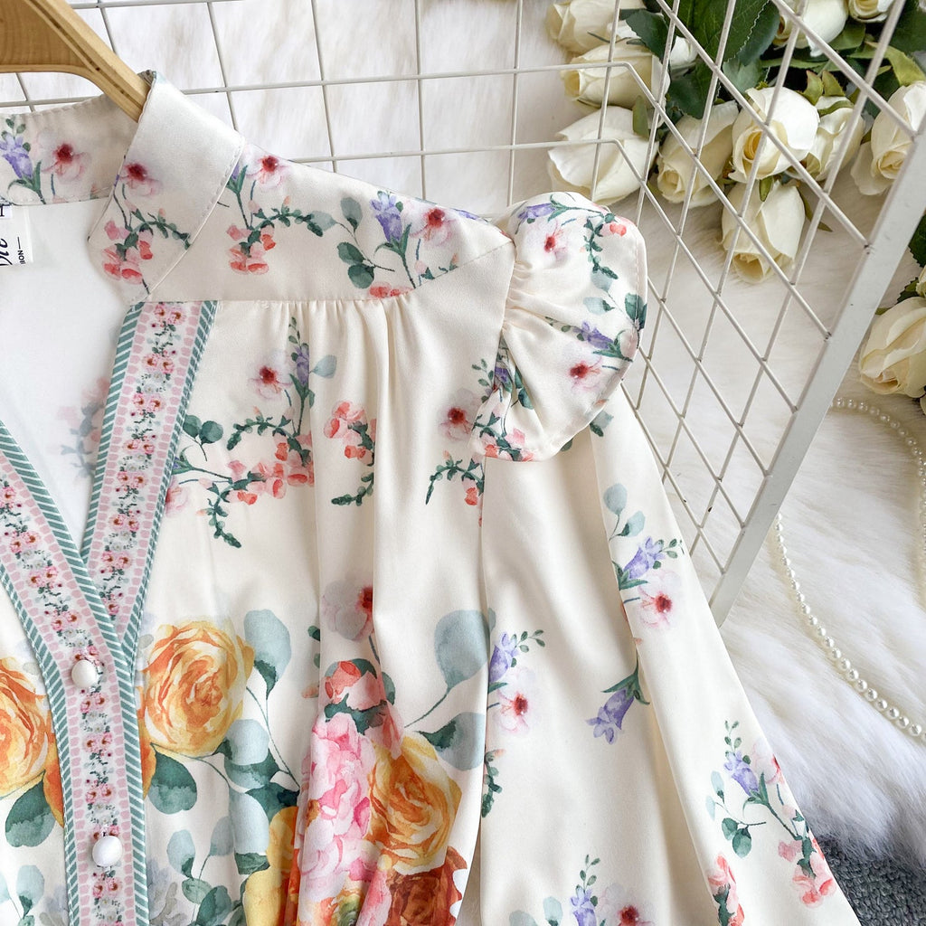 Courtly Floral Printed Ruffled Shirt Dress