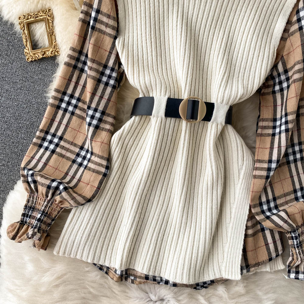Two-piece Tartan Shirt Split Knit Vest