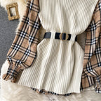 Two-piece Tartan Shirt Split Knit Vest
