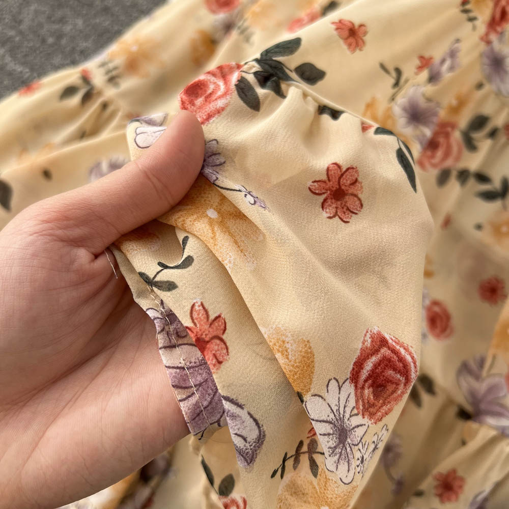 V-neck Chiffon Floral Long-sleeve Dress