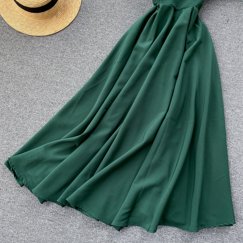 V-neck Halter Retro Solid Color Waist Dress