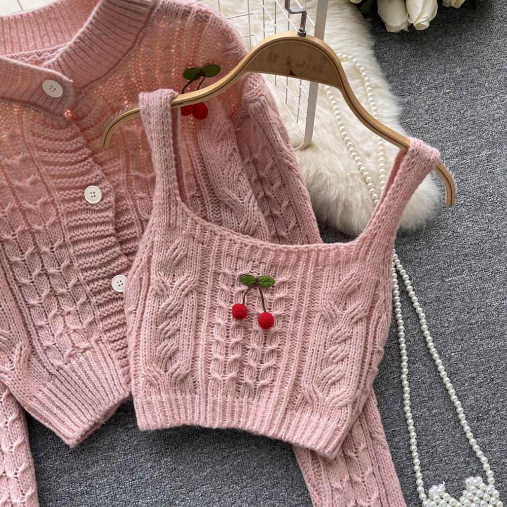 Cherry Knitted Cardigan&Camisole 2Pcs Set