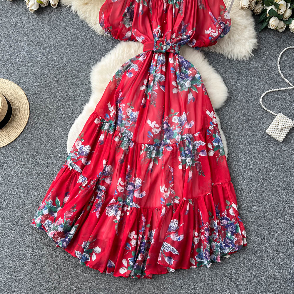 Off-shoulder Floral Chiffon Dress