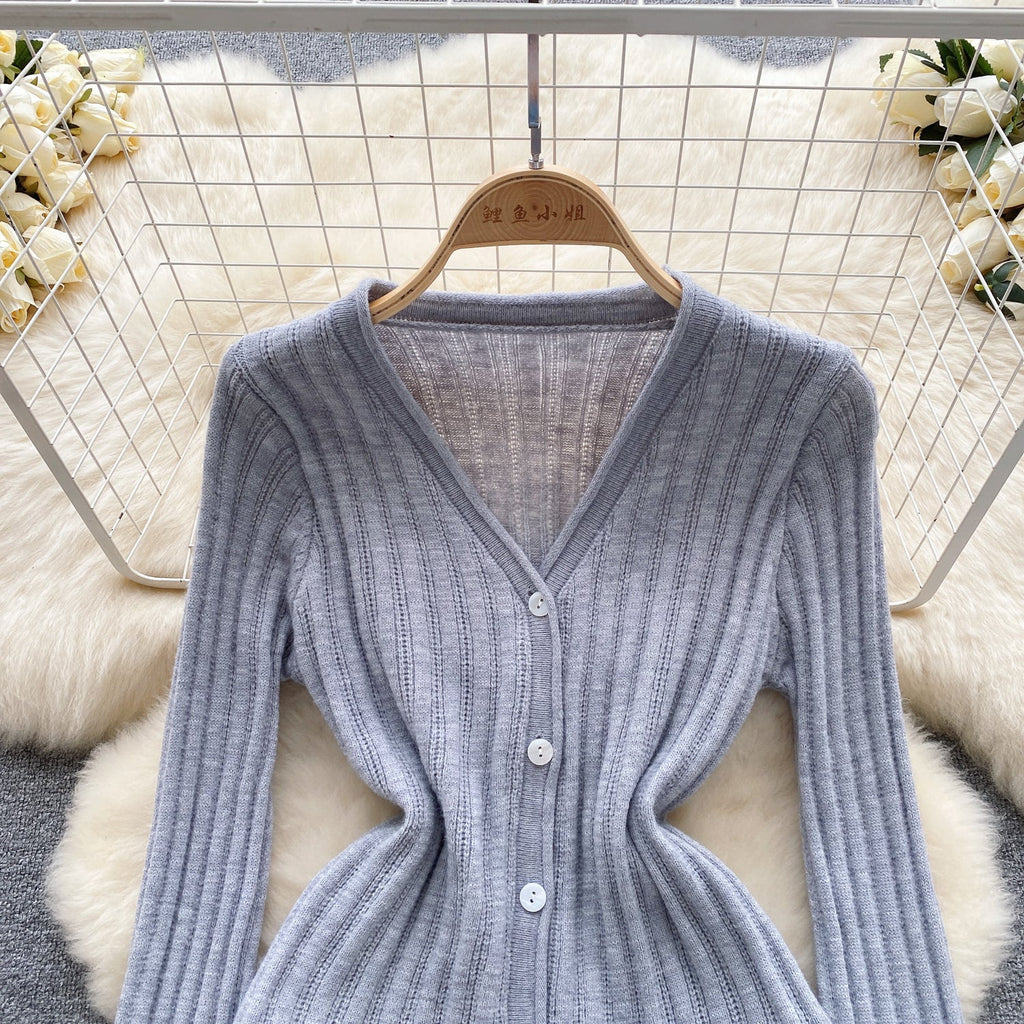 V-neck Cardigan&Pleated Skirt Knitted 2Pcs