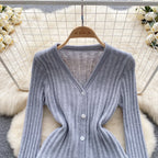 V-neck Cardigan&Pleated Skirt Knitted 2Pcs