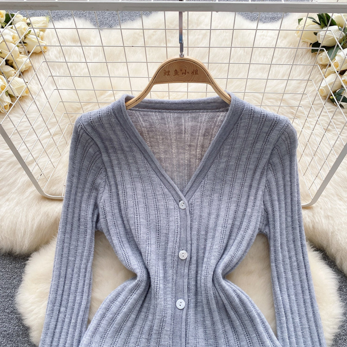 V-neck Cardigan&Pleated Skirt Knitted 2Pcs