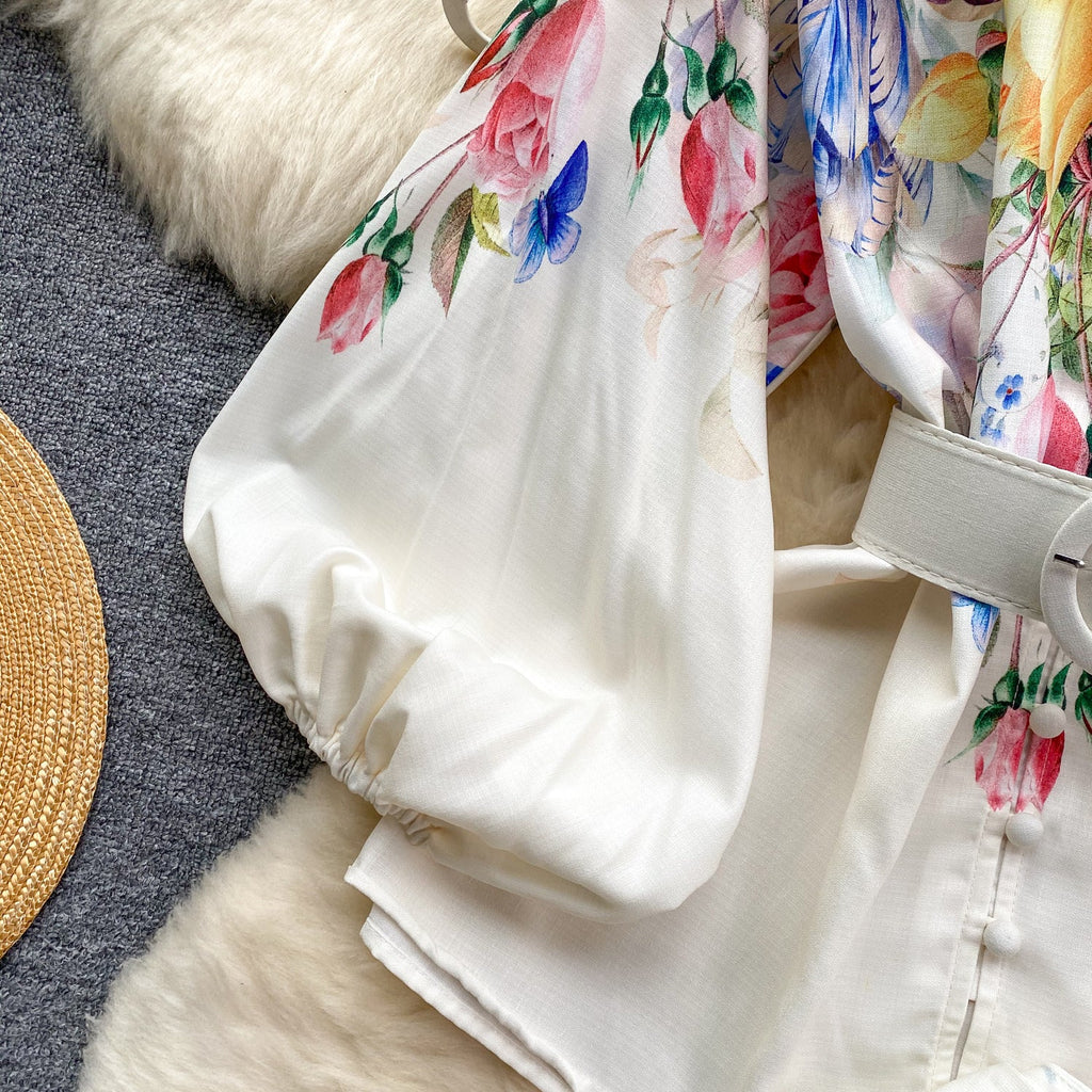Courtly Floral Printed Shirt&Shorts 2Pcs