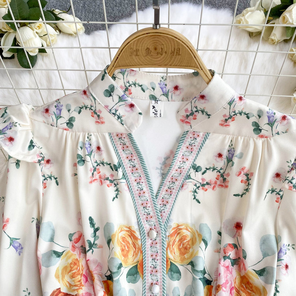 Courtly Floral Printed Ruffled Shirt Dress