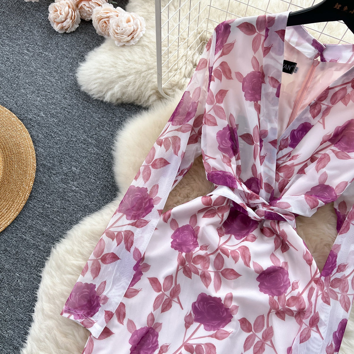 Vintage V-neck Long-sleeve Floral Dress