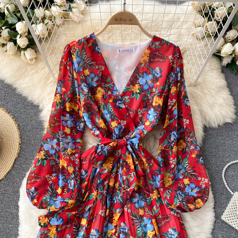 V-neck Waistband Ruffle Dress