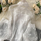 Mesh Lace Embroidered Puff Sleeve Shirt