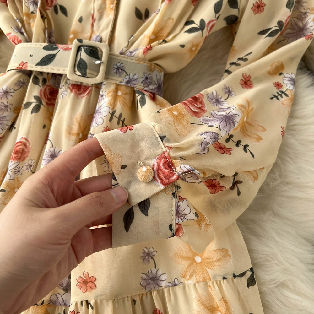 V-neck Chiffon Floral Long-sleeve Dress