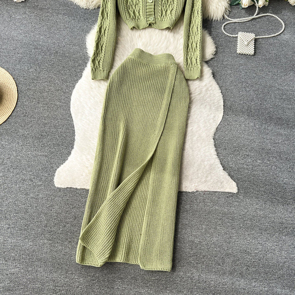 Twisted Cardigan&Split Skirt Knitted 2Pcs
