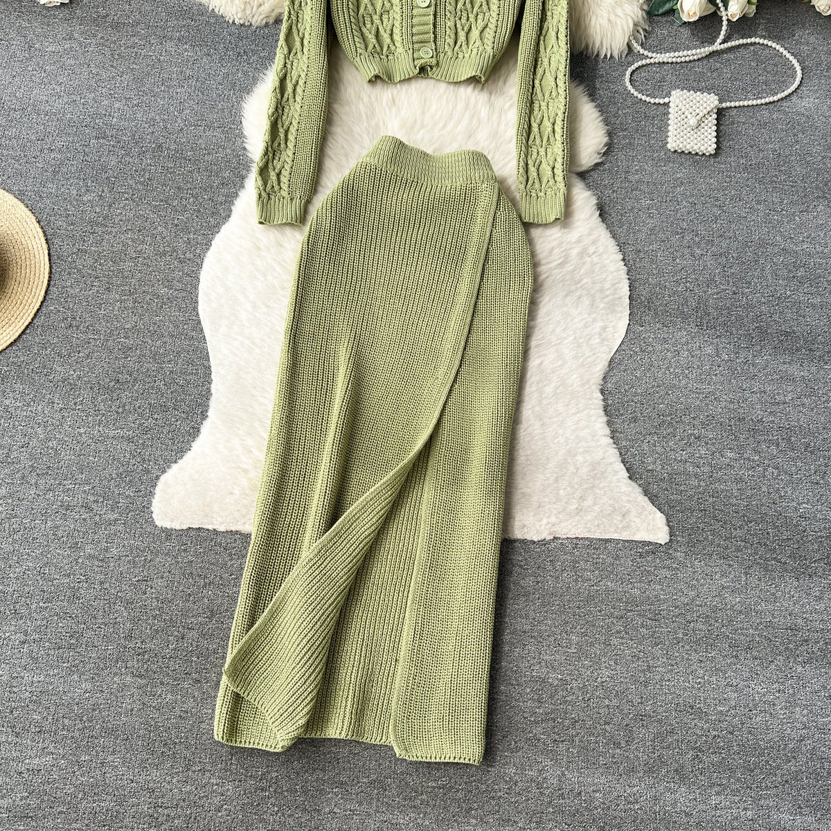 Twisted Cardigan&Split Skirt Knitted 2Pcs