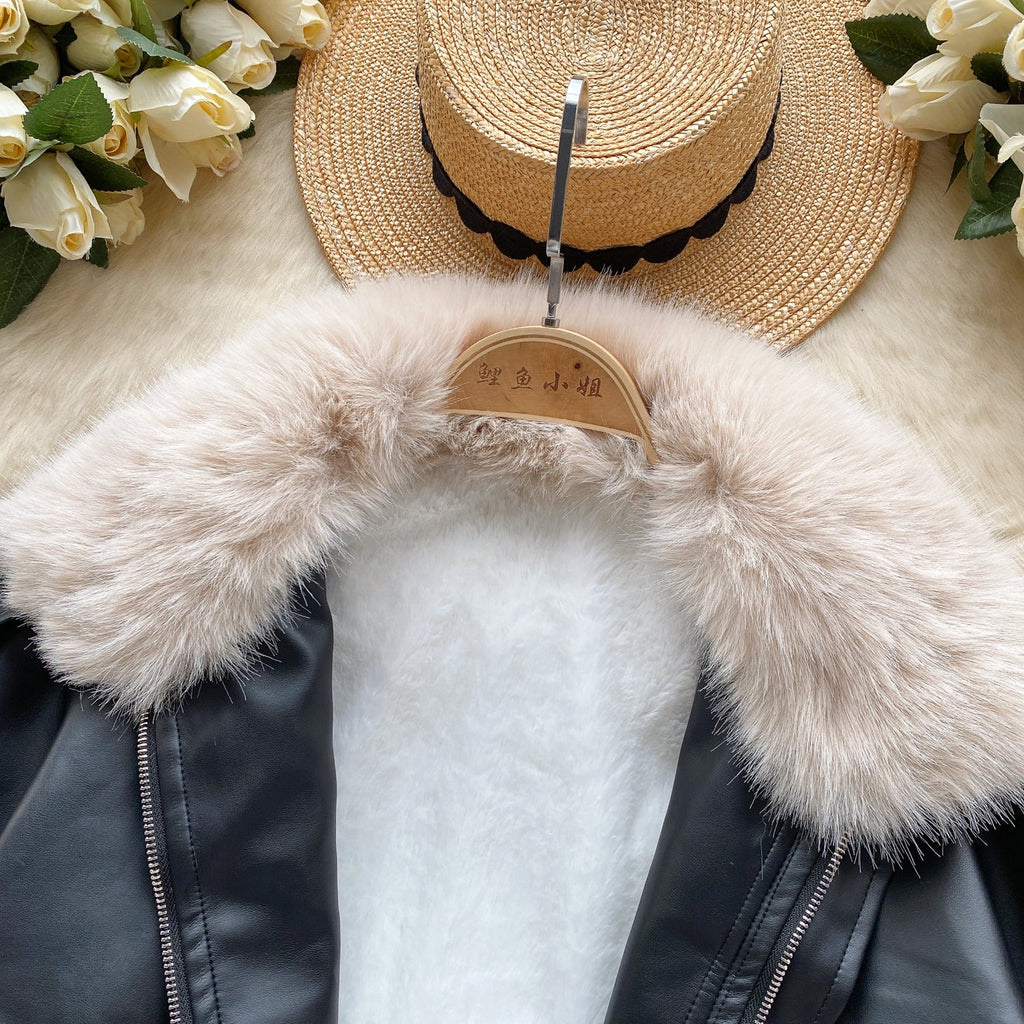 Vintage Furry Collar Short PU Jacket