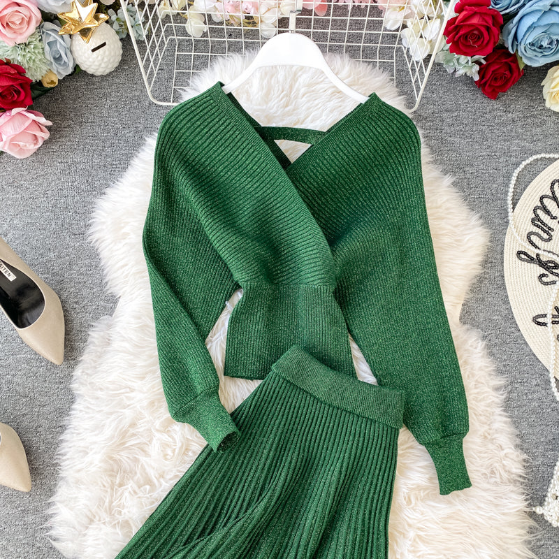 Two-piece Bright Silk Knitted Sweater + Skirt