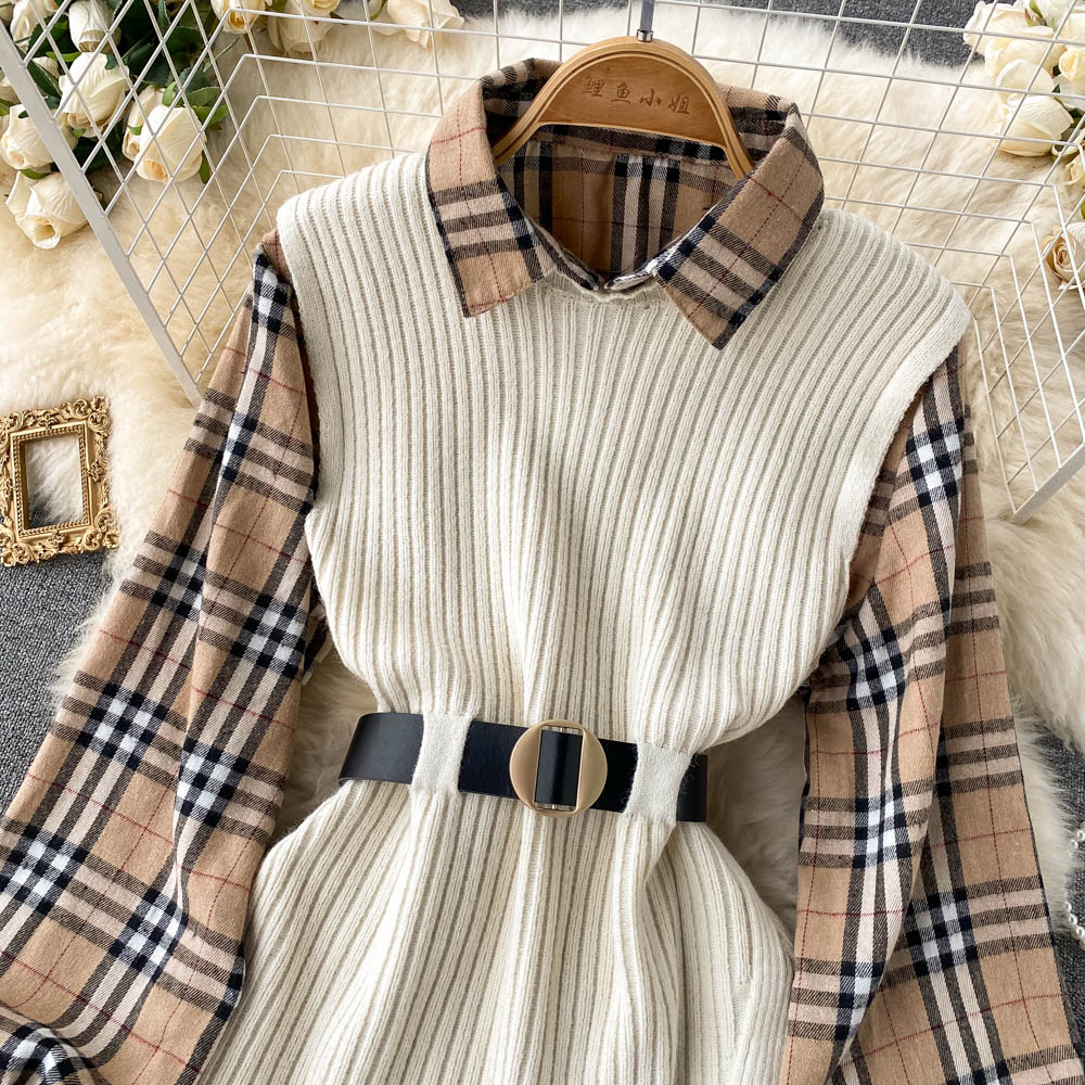 Two-piece Tartan Shirt Split Knit Vest