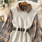Two-piece Tartan Shirt Split Knit Vest