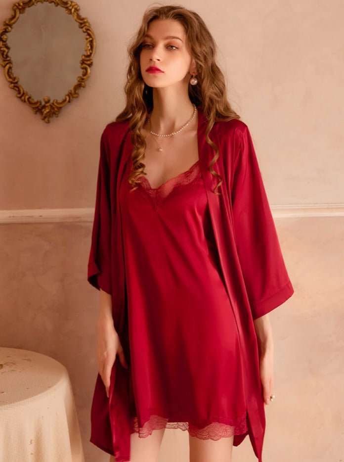 Lace Trim Slip Dress&Robe Satin 2Pcs