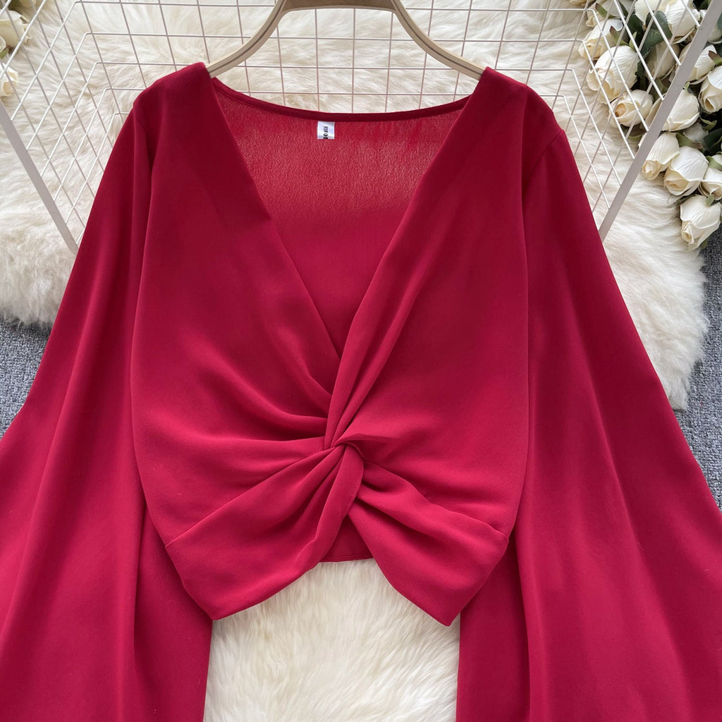 V-Neck Twisted Solid Color Chiffon Top