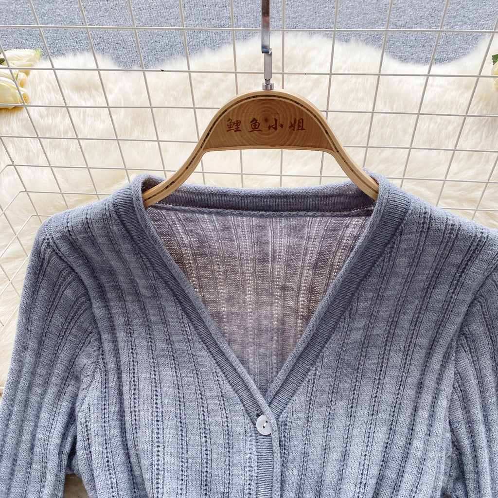V-neck Cardigan&Pleated Skirt Knitted 2Pcs