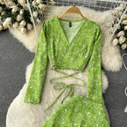 V-neck Top&Split Skirt Floral 2Pcs