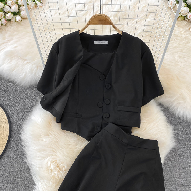 Camisole Short V-Neck Shirt Jacket Long Pants Three Piece