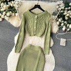 Twisted Cardigan&Split Skirt Knitted 2Pcs
