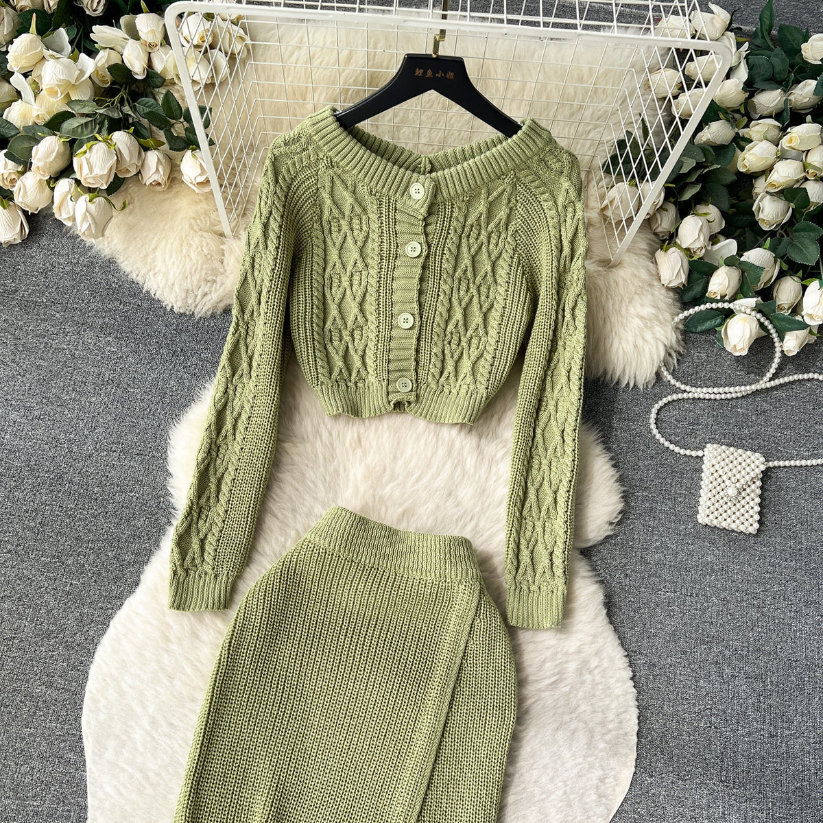 Twisted Cardigan&Split Skirt Knitted 2Pcs
