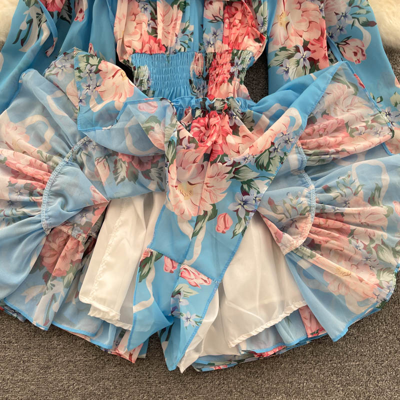 Chiffon Print Puff Sleeves Jumpsuit
