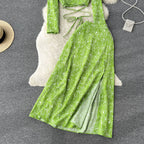 V-neck Top&Split Skirt Floral 2Pcs