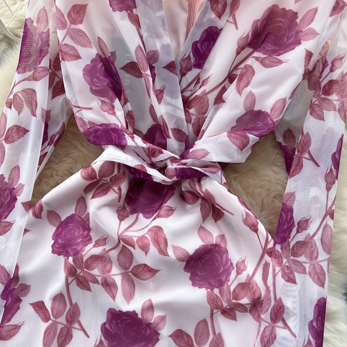 Vintage V-neck Long-sleeve Floral Dress