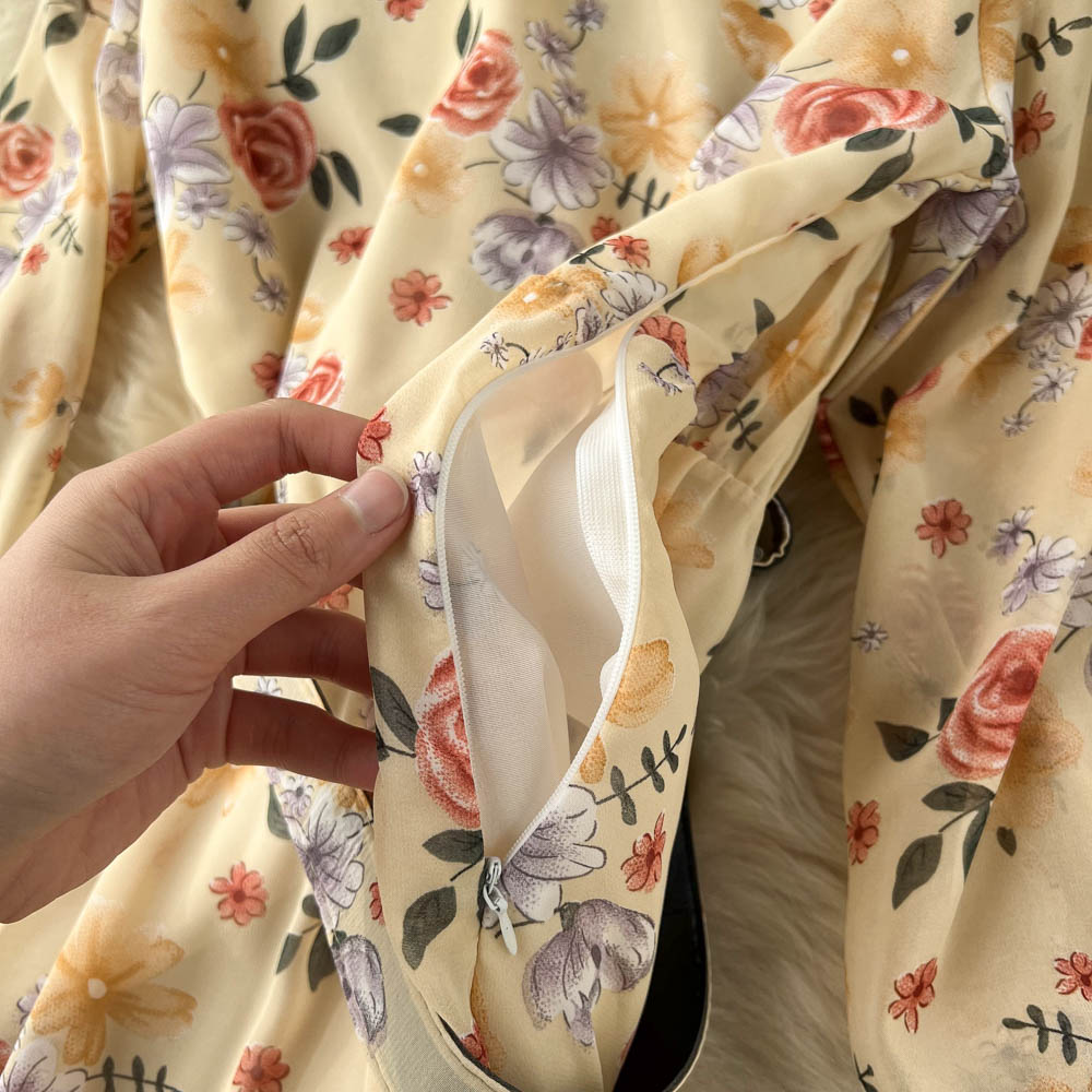V-neck Chiffon Floral Long-sleeve Dress