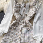 Bow-tie Tweed White Shirt&Plaid Dress