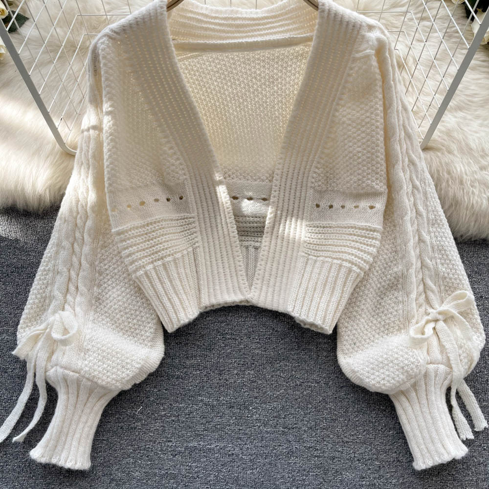 Bow Drawstring Short Knitted Cardigan