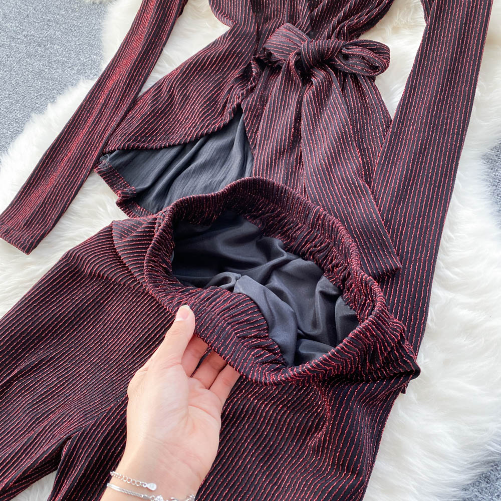 Pit-striped Lace-up Cardigan&Trousers 2Pcs