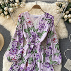 V-neck Waistband Ruffle Dress