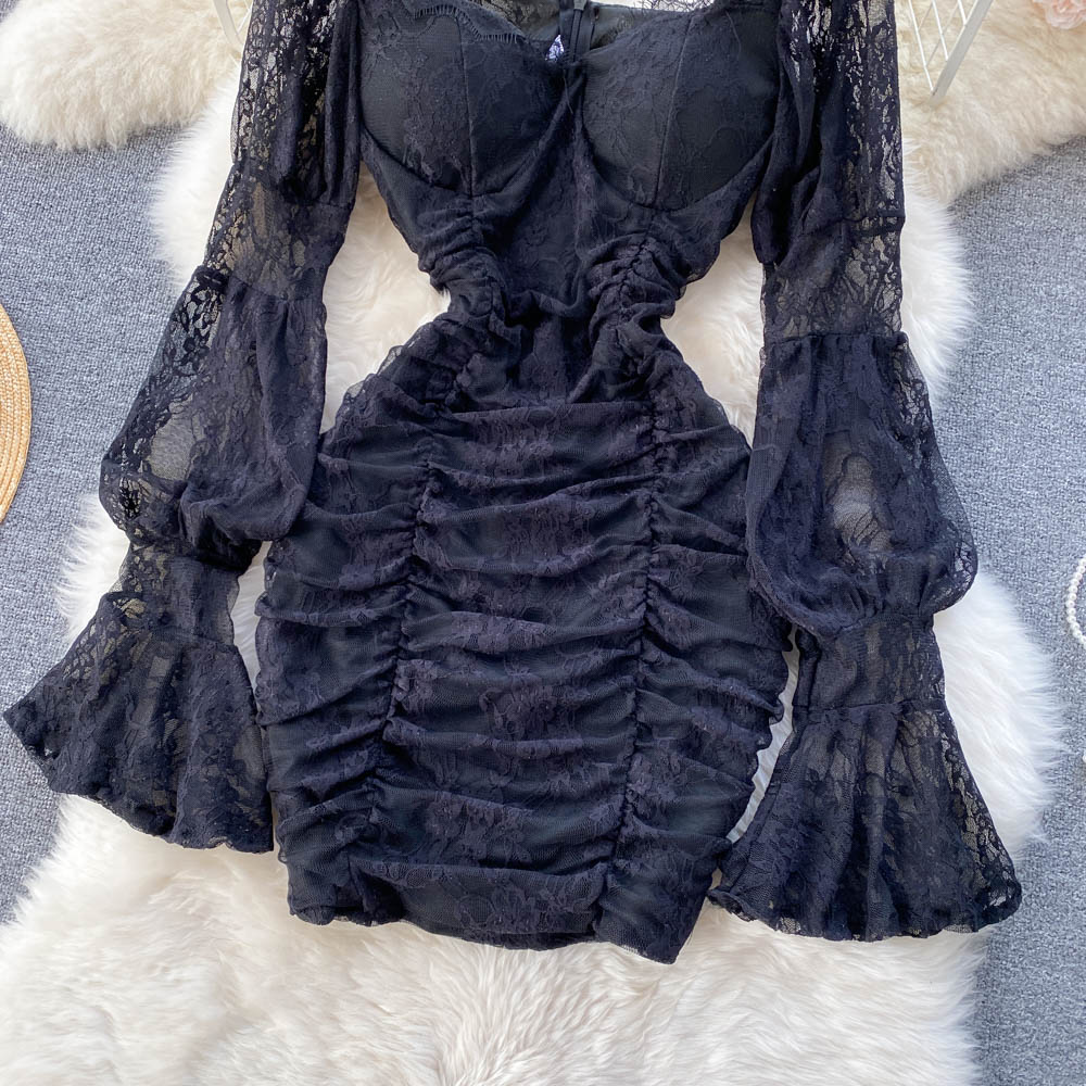 Square Neck Lace Waist Bag Hip Dress