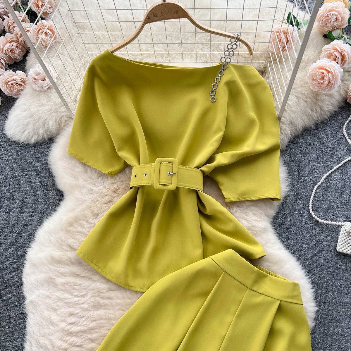 One-shoulder Top&Wide-legged Trousers 2Pcs
