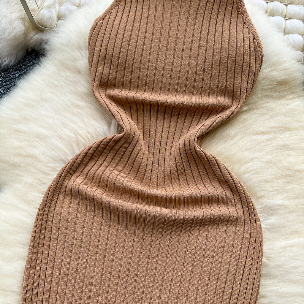 Elastic Solid Color Knitted Halter Dress