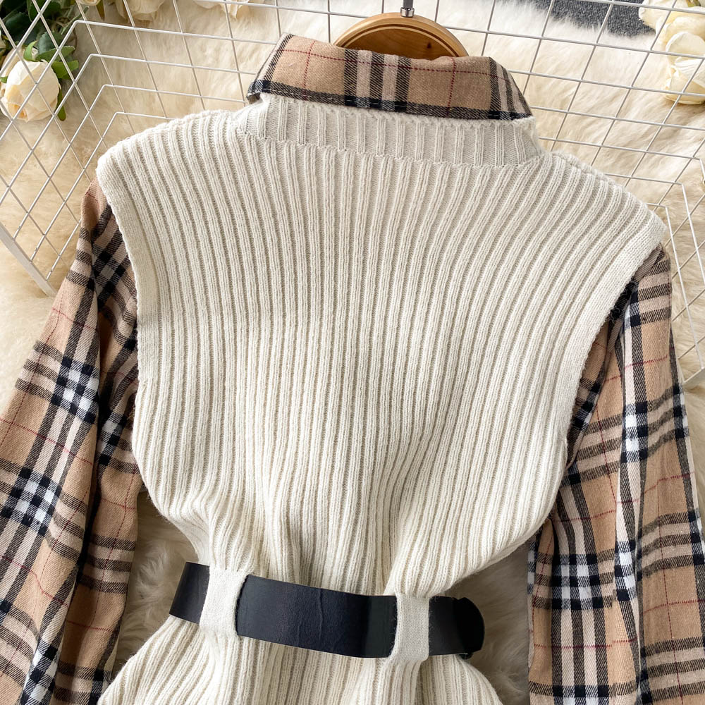 Two-piece Tartan Shirt Split Knit Vest