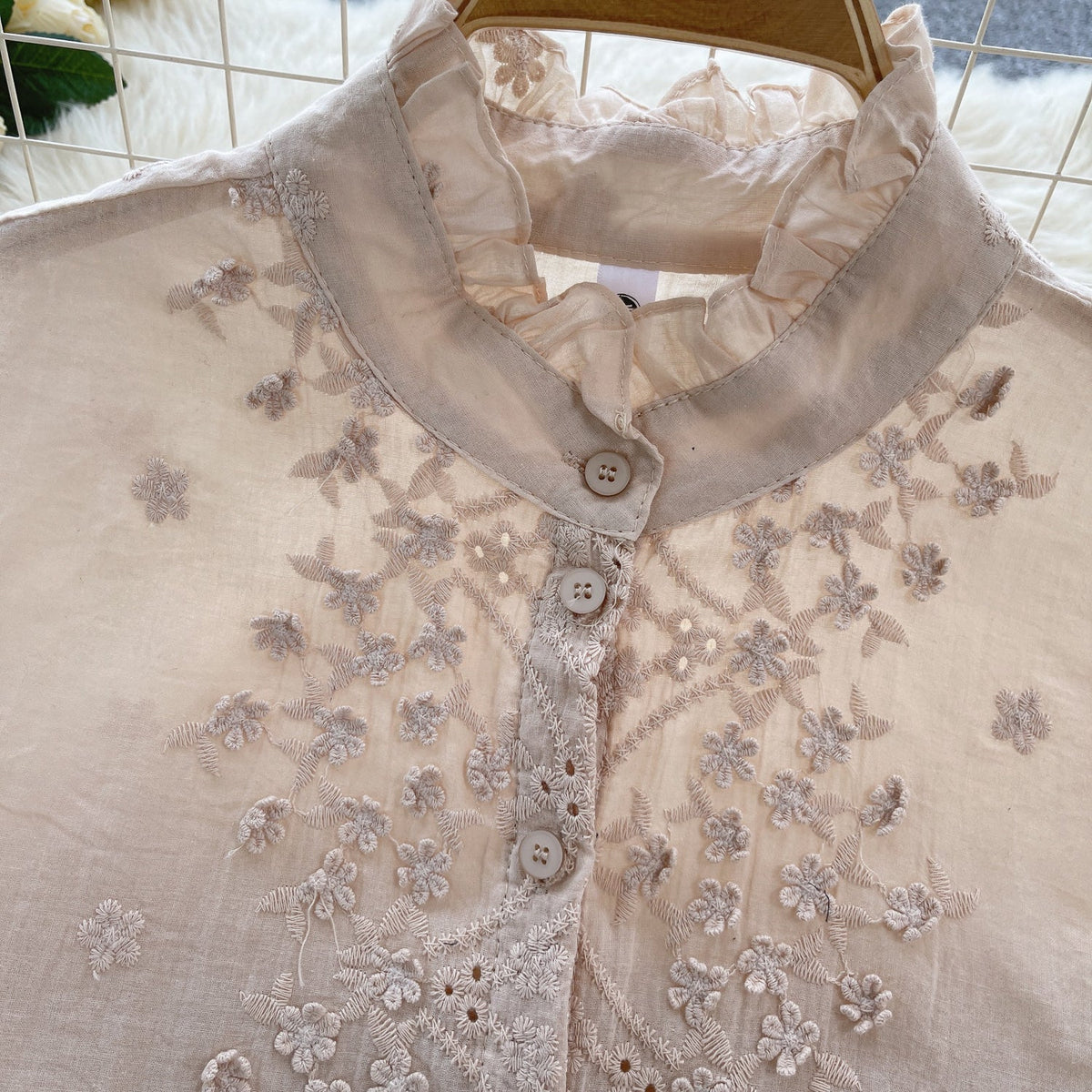 Flared Sleeve Solid Color Embroidered Shirt