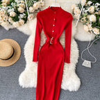 Stand-up Collar Buttoned Knitted Dress