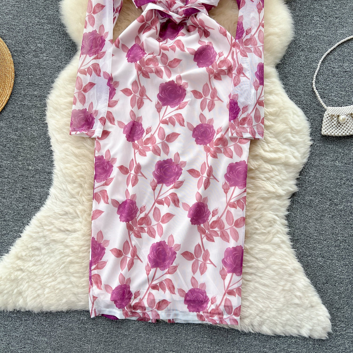 Vintage V-neck Long-sleeve Floral Dress