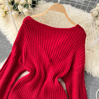 Vintage V-neck Waist-slimming Knitted Dress